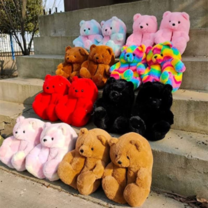 Custom Furry House Soft Comfy Flat Indoor Outdoor Fluffy Winter kid adult bear Slippers for Ladies