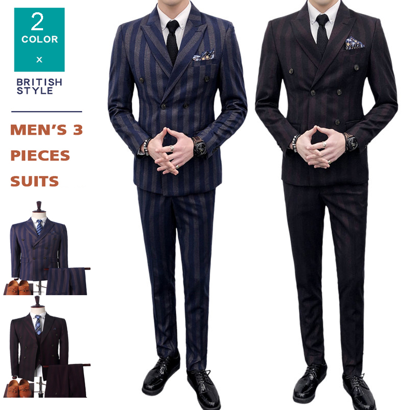 Мужской костюм Slim Fit двубортный костюм из 3 предметов с полосатым пиджаком платье ношения, бизнеса, свадебной вечеринки, пиджак, жилет и брюки