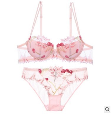 New Fashionable Export Sexy Women's Lingerie Set with Adjustable Straps Mesh Transparent Embroidered Bra and Cotton Panties