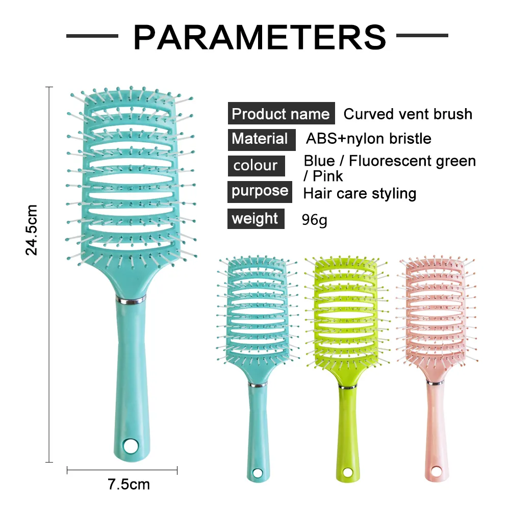 Bristle And Nylon Hair Brush Custom Logo Anti-Static Plastic Handle Soft Nylon Bristle Wave Hair Styling Salon Waterproof Vent Feature Hair Brush