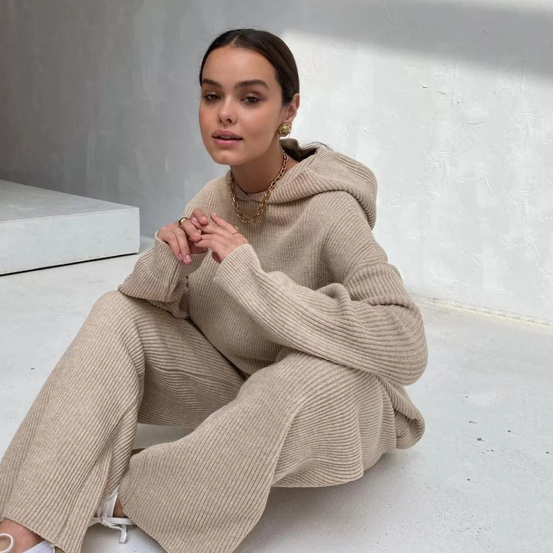 Women's Custom Cotton Cashmere Loungewear Ribbed Knitted 2 Two Piece Set Knit Hoodie Sweater Pant Suit For Women