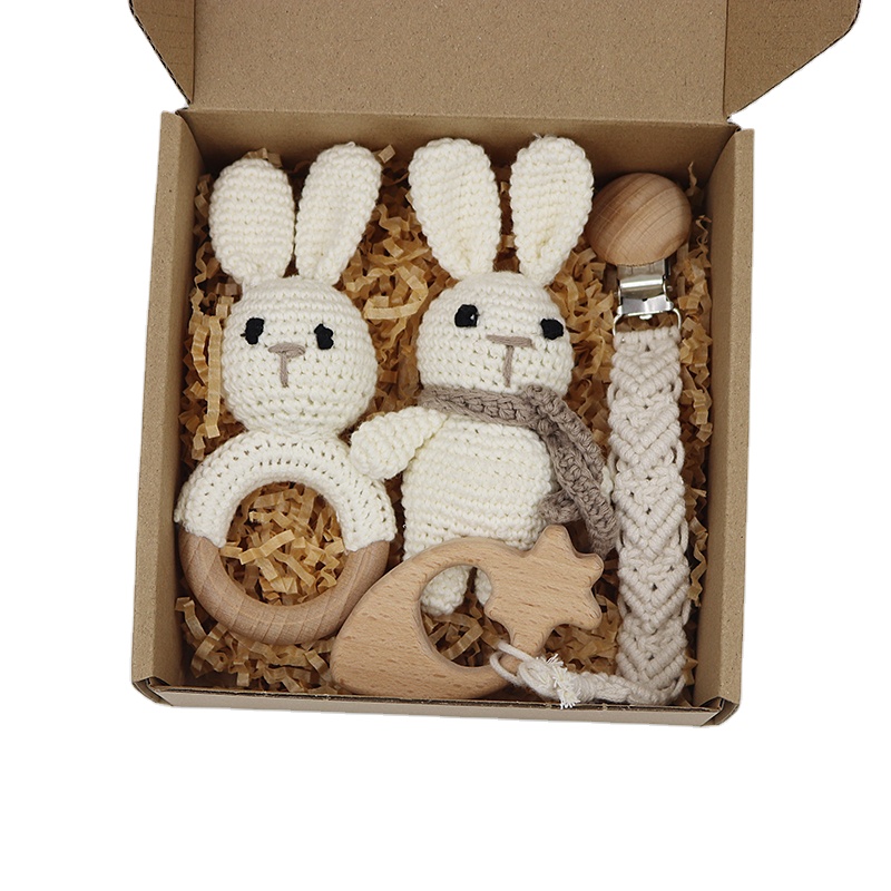 NEW Baby Rattle gift set Crochet Bunny Teether Baby Handbell Teether Ring Rattle Toy for Kids Unisex Box Packing