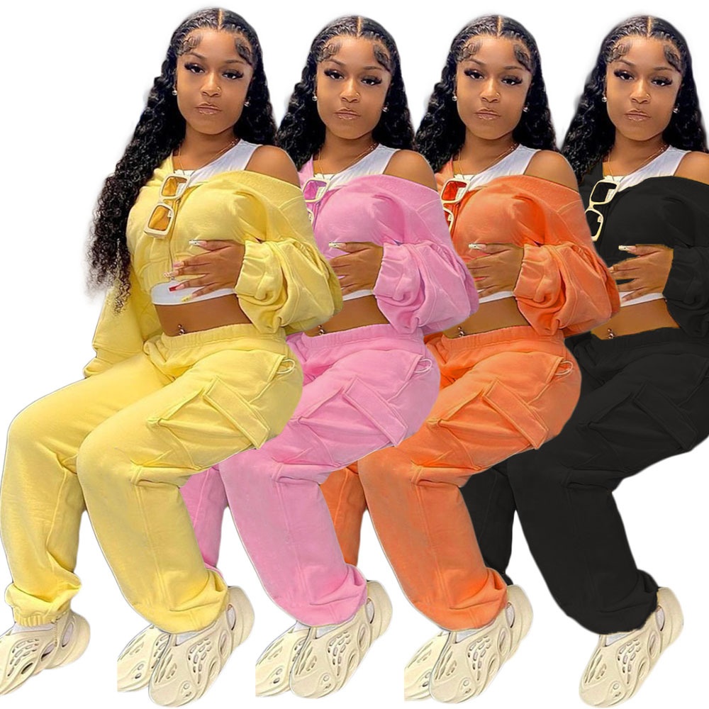 QC-DY6677 Hot selling women solid color casual zipper personality sport sweatpants and hoodie set