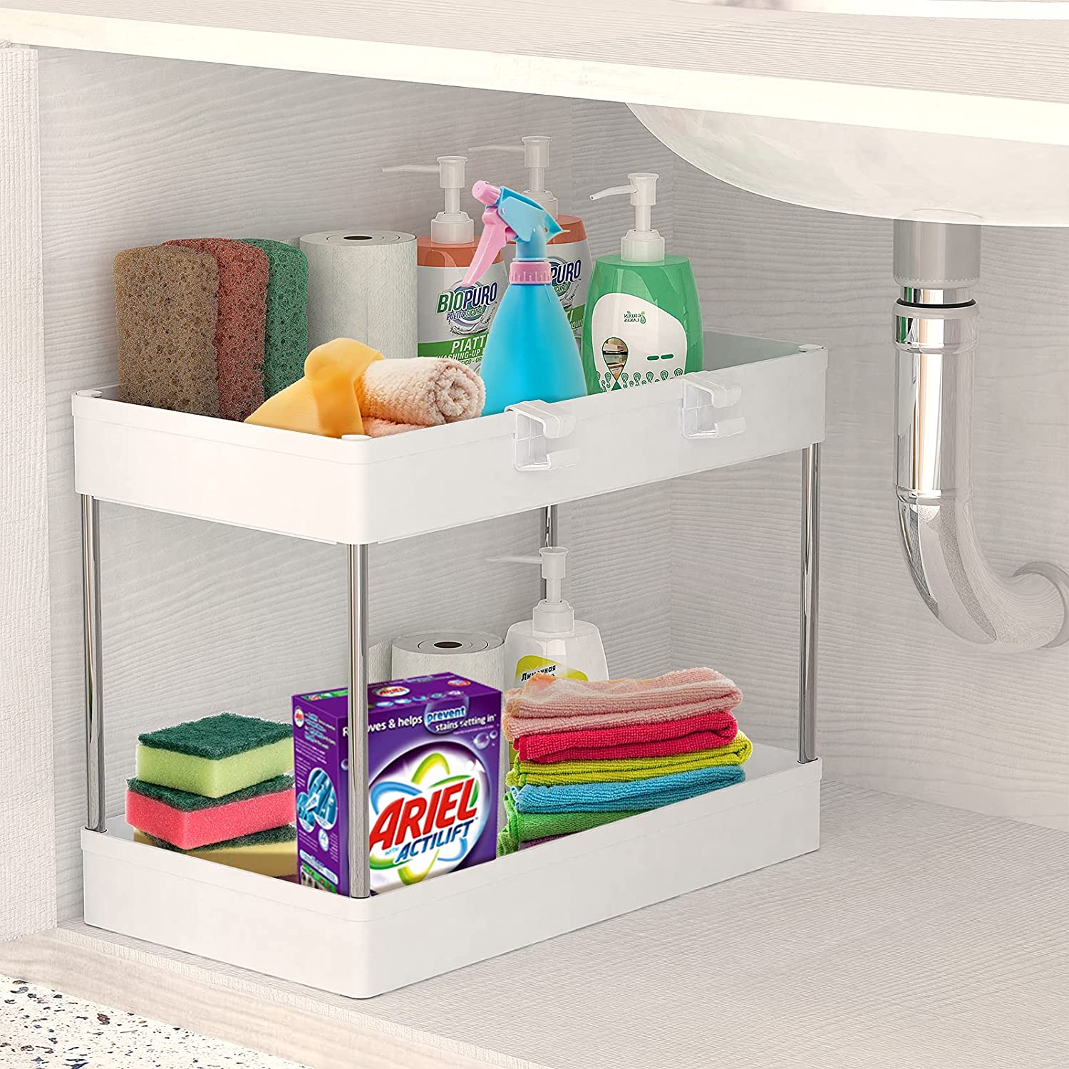 2 Tiers plastic Bathroom Kitchen Collection Basket cabinet Under Sink Shelf Organizer Rack Storage bathroom under sink organizer