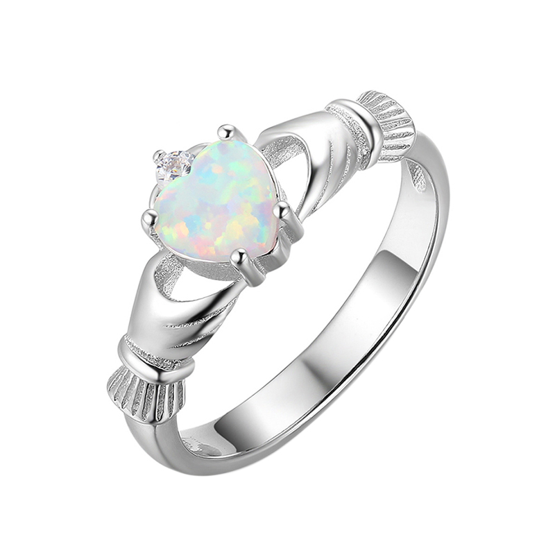 Fukarni Women Charming Colorful Opal Stone Heart Shape Crown Finger Ring Fashion Jewelry