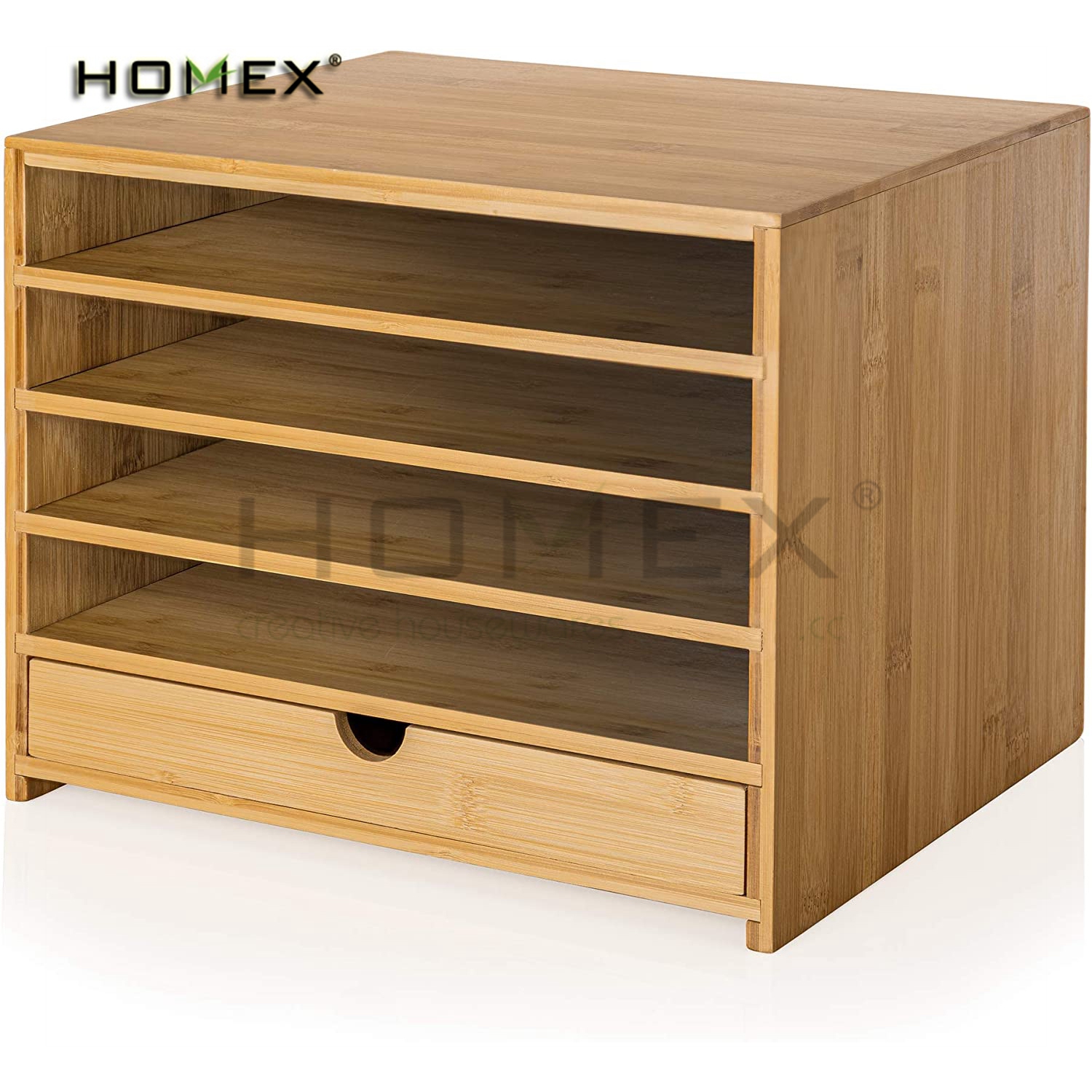 Bamboo Four Cubby Paper Letter Tray Desk Organizer with Single Pull-Out Drawer for Home and Office/Homex_BSCI Factory