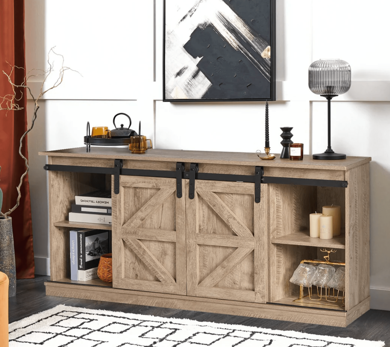 JUANA Rustic Media Console Wood Household Storage Cabinet TV Unit Cabinet Oak Living Room TV Stand with Sliding Barn Doors