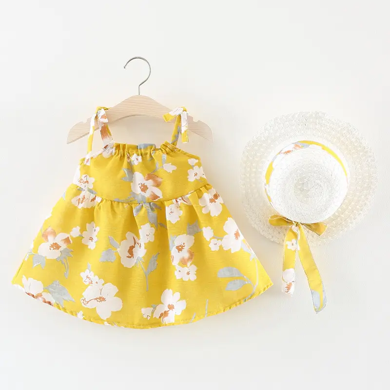 Summer Girls Floral Dress With White Hat Baby Girls Summer 2 Pieces Suit