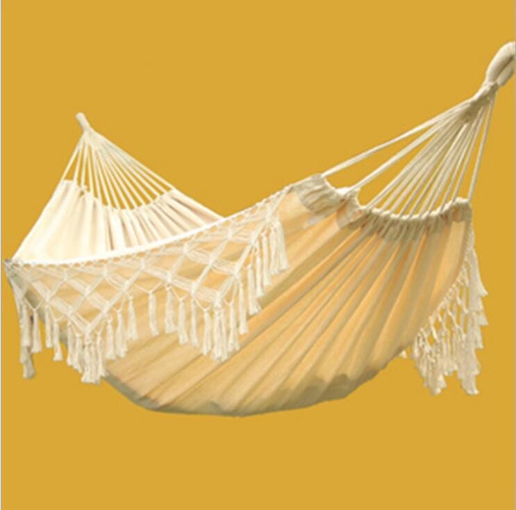 INS Boho Hammock with tassel for 2 adult Indoor Outdoor White Canvas Rope Macrame Cotton Hammock