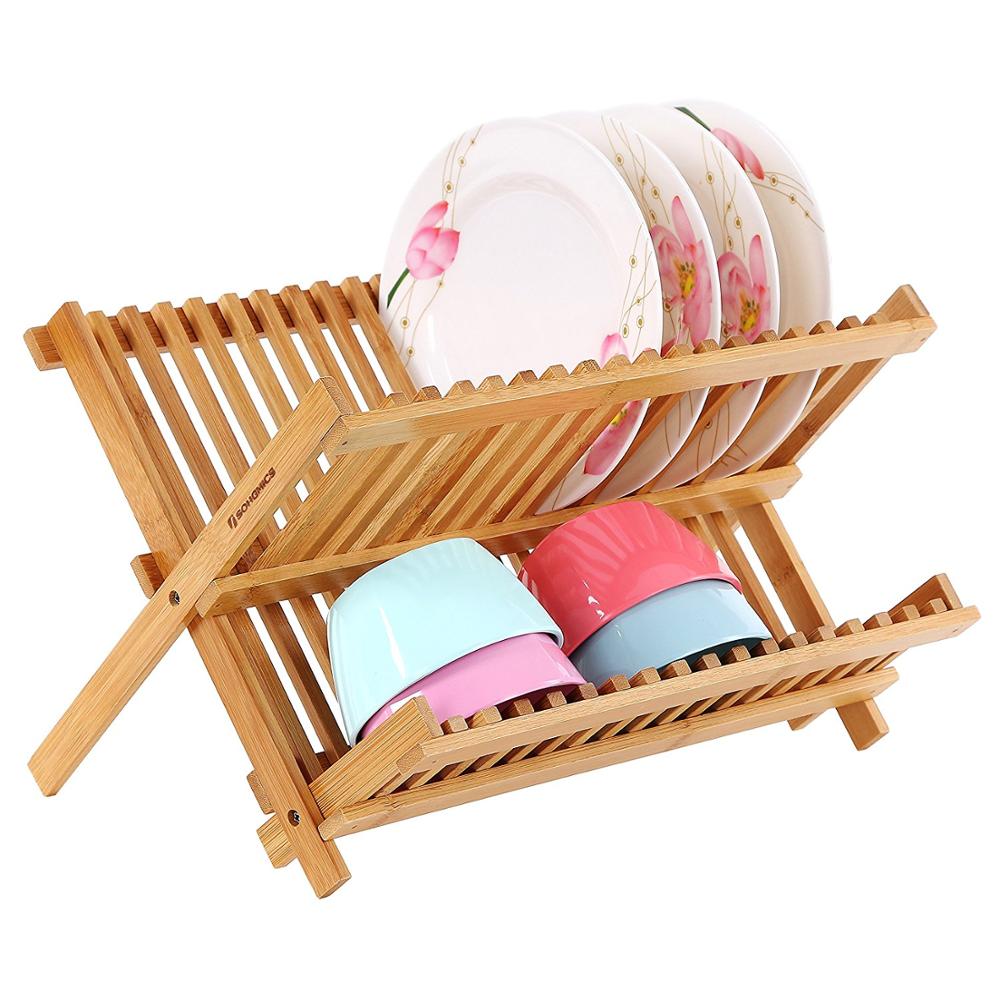 Wooden Kitchen Utensil Set Holder Shelf Drying Bamboo Plate Folding Dish Rack Drainer Over Sink