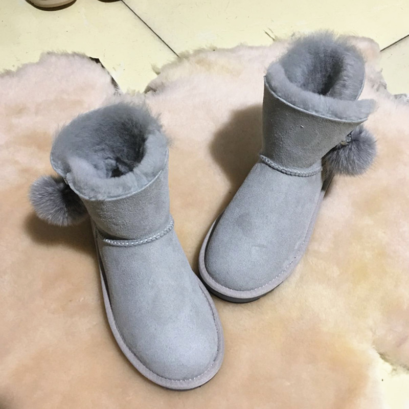 New Arrival Women's Fashion Outdoor Fox Fur Ball Ankle Non-Slip Flat Sheepskin Winter Snow Boots