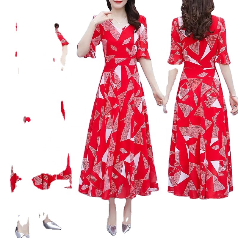 Red ice silk dress summer girl 2021 new waist closing slim temperament long skirt big swing skirt fashion fairy skirt