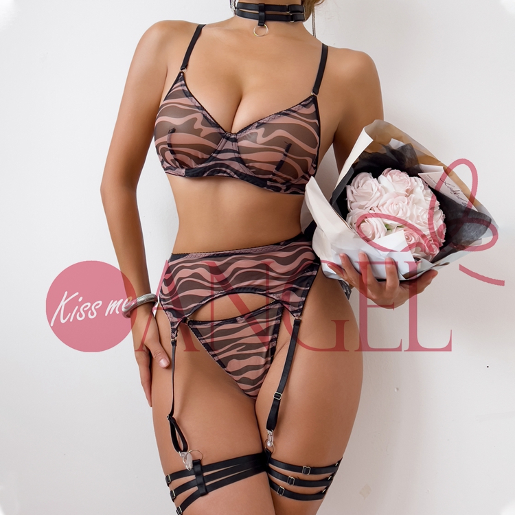 KISS ME ANGEL hot black mesh see-through sexy zebra stripes with garter belt and neck ring sexy women push up bra and panty sets