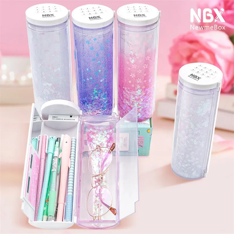 NBX Cartoon Kawaii password Pencil Case with Calculator Mirror for kids Plastic stationery magnetic Pencil Box