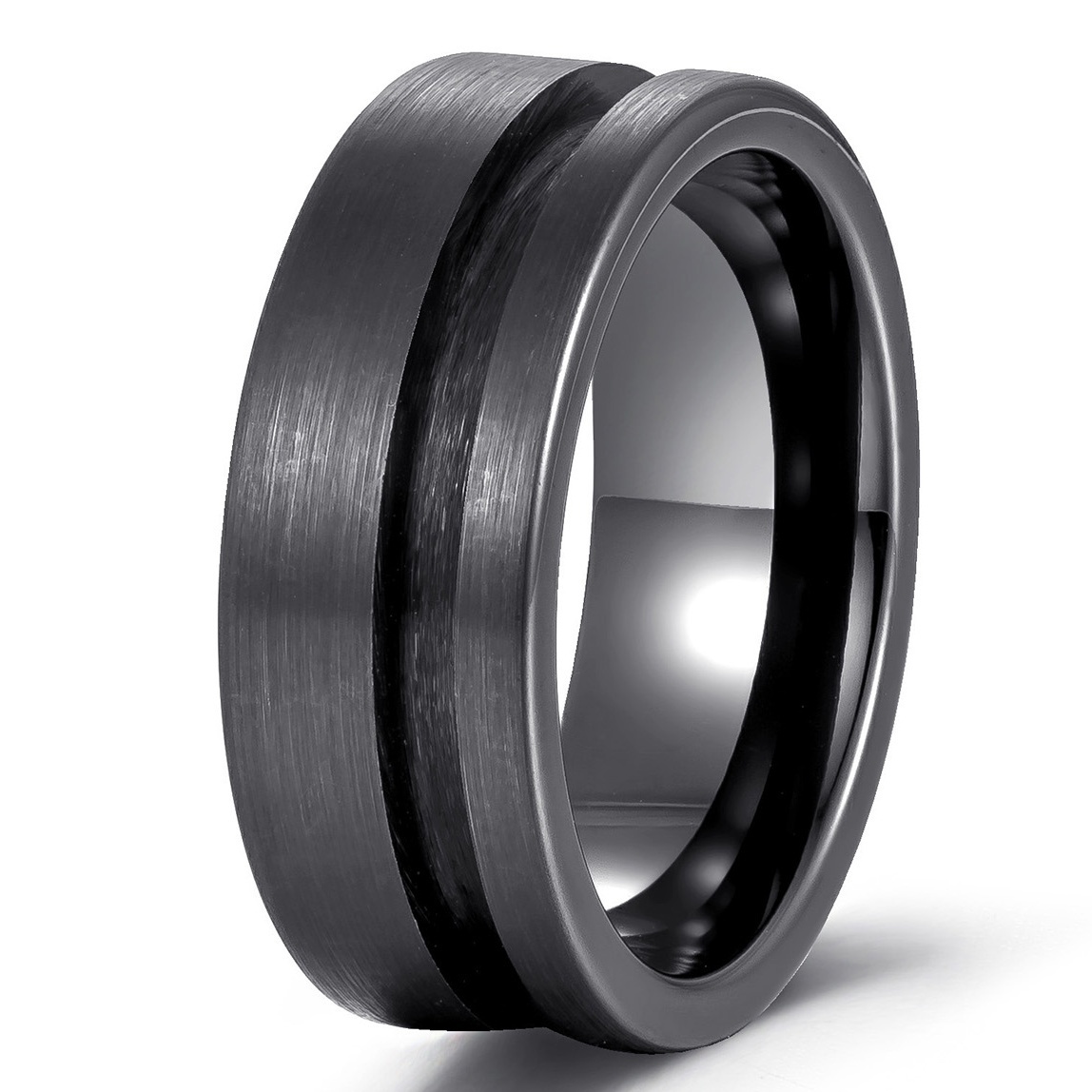 Wholesale 8MM Black Plated Offset Line Brushed Tungsten Carbide Rings Blank Core inlay for Men High Polishing
