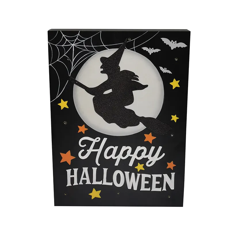 "happy halloween"wood wall plaque with LED light for Halloween