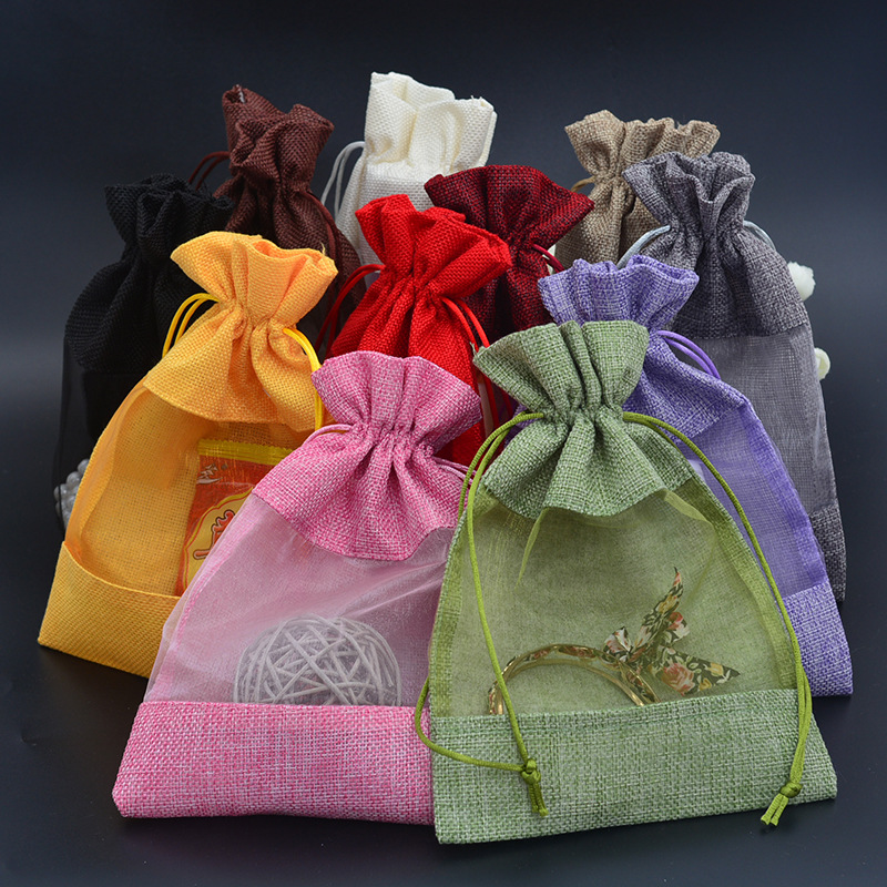 Hot Sales Ready-made Linen Bag Creative Single-sided Window Design Organza Splicing Dried Flower Sachet Gift Packaging