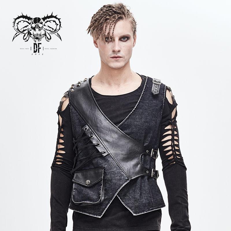 WT050 devil fashion old effect spliced asymmetric men punk rock spiked leather vest with bag
