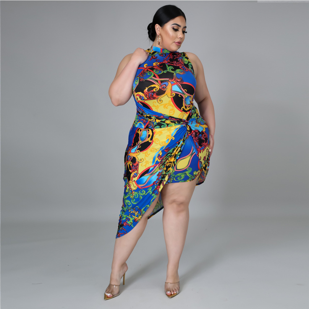 plus size Sleeveless Multicolor Printing Midi Dresses for Women's 2021 Summer Irregular hem Beach Bodycon turtleneckDress