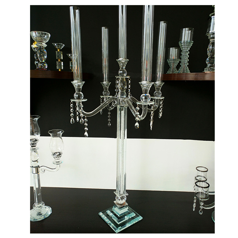 Elegant advanced crystal center decorative candlestick column shaped crystal candle lamp 5 arms custom wholesale factory
