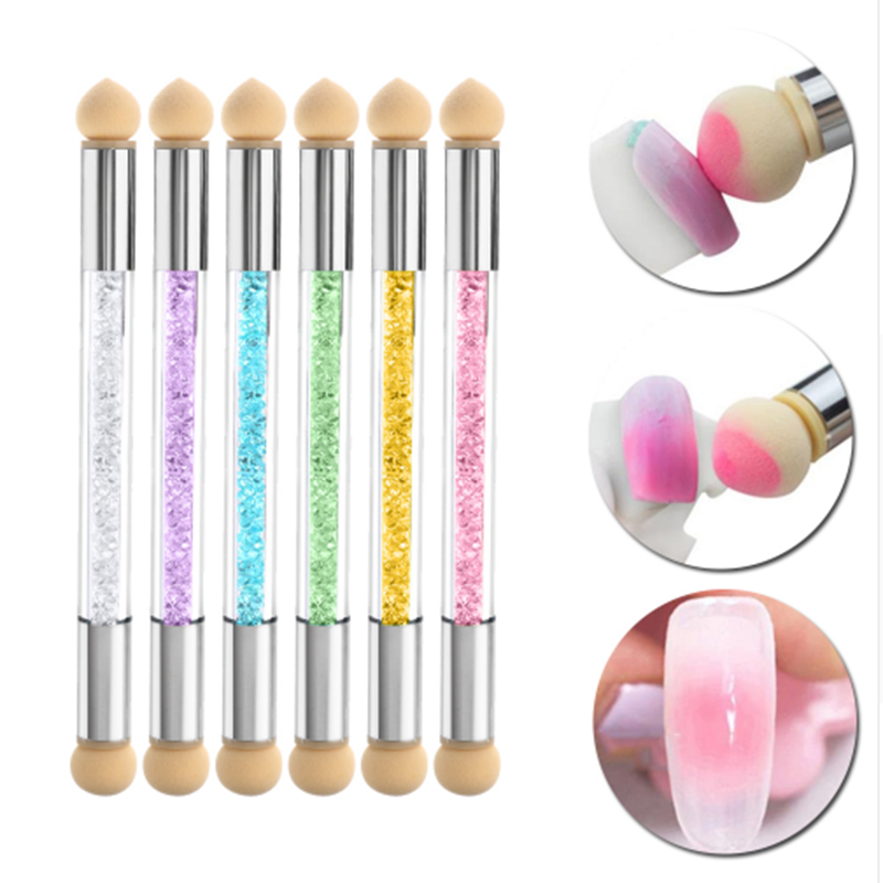 Double Head Shading Effect Powder Sponge Artificial Nail Art Gradient Brush Pen Crystal Handle Manicure Tool