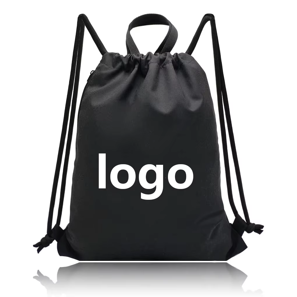 Whosale nylon Sports Gym Backpack Zipper Recycled Black Polyester 210d drawstring backpack For Men Women