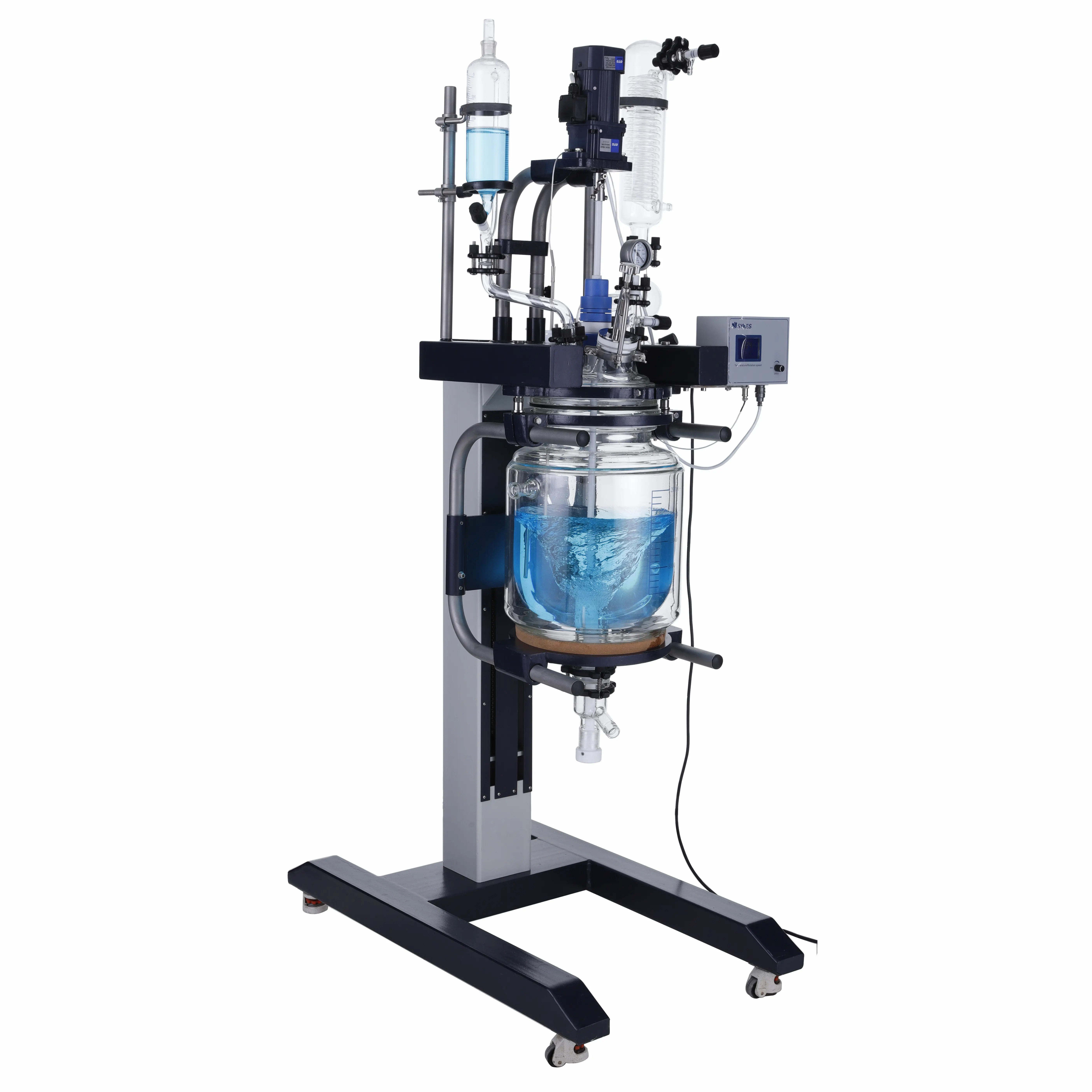 High Borosilicate Glass 50Liter Vacuum Jacketed Chemical Industrial Mixing Glass Reactor With Kettle Rotation and Lifting