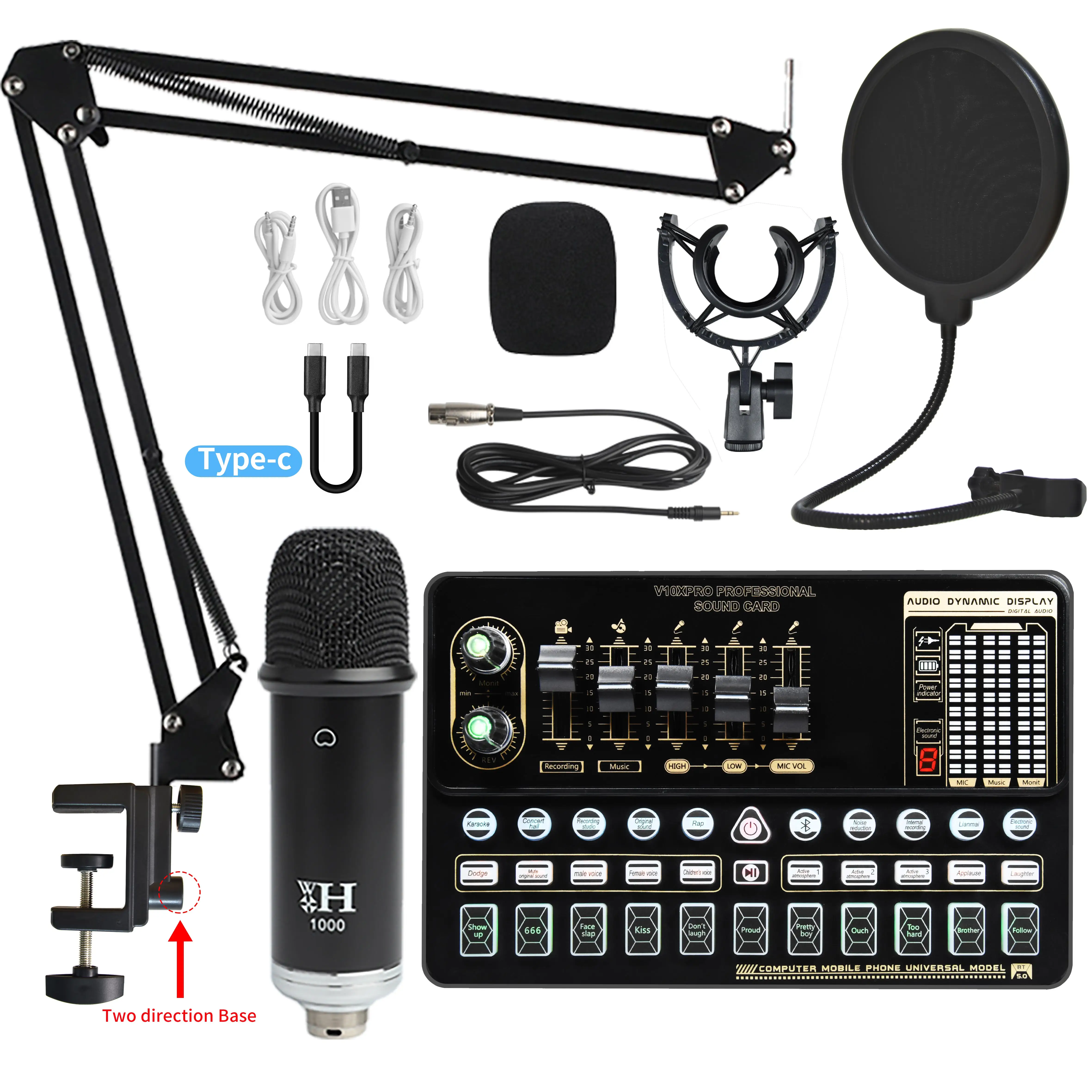 Podcast Equipment Bundle WH1000 Recording Studio Package with Voice Changer Live Sound Card Audio Interface for Laptop Computer
