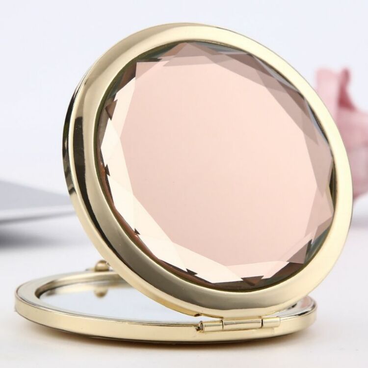 Crystal Metal Gold Pocket Makeup Folding Round Mirror Portable Cute Personalized