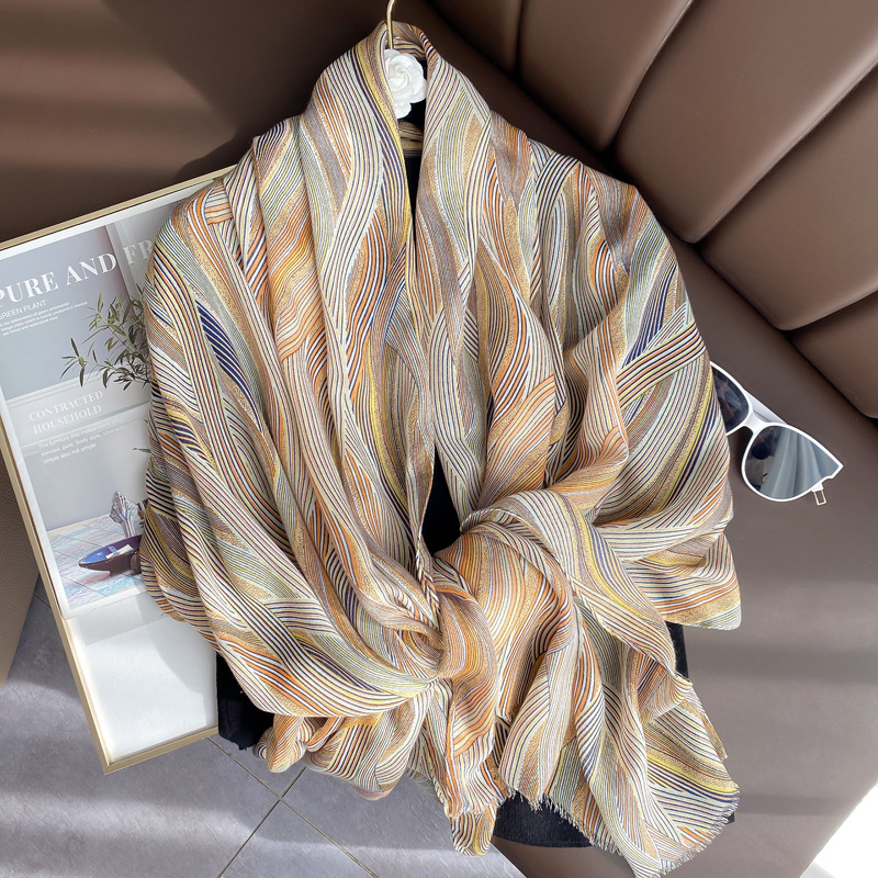 Scarf Korean style women's spring and autumn colorful geometric printed cotton and linen feel long shawl dual-use scarf