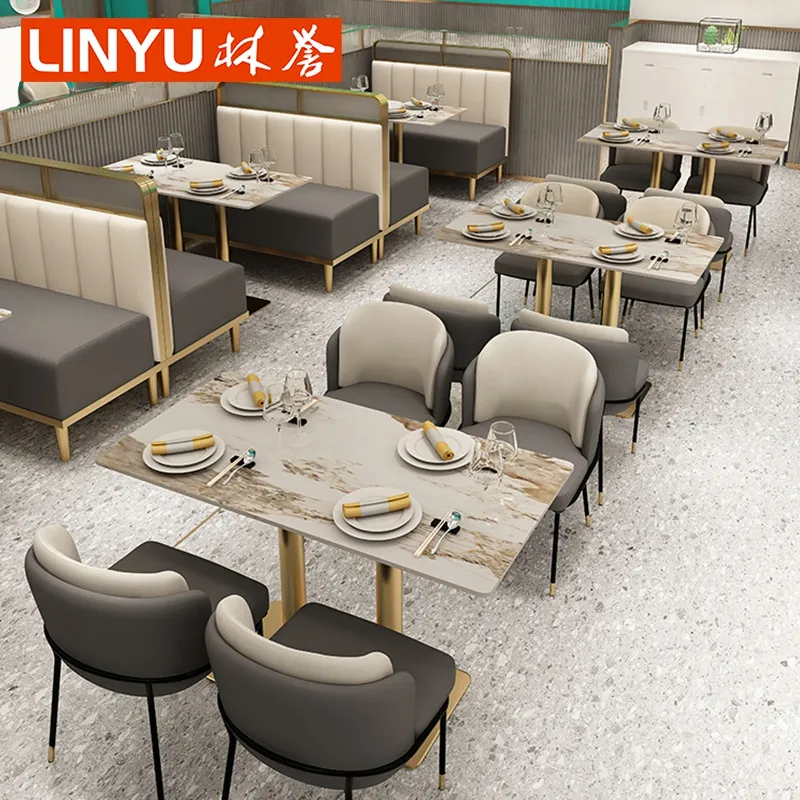 Qatar luxury cafe restaurant furniture sintered stone marble top rectangle dining table and metal steel chair for hotel lobby