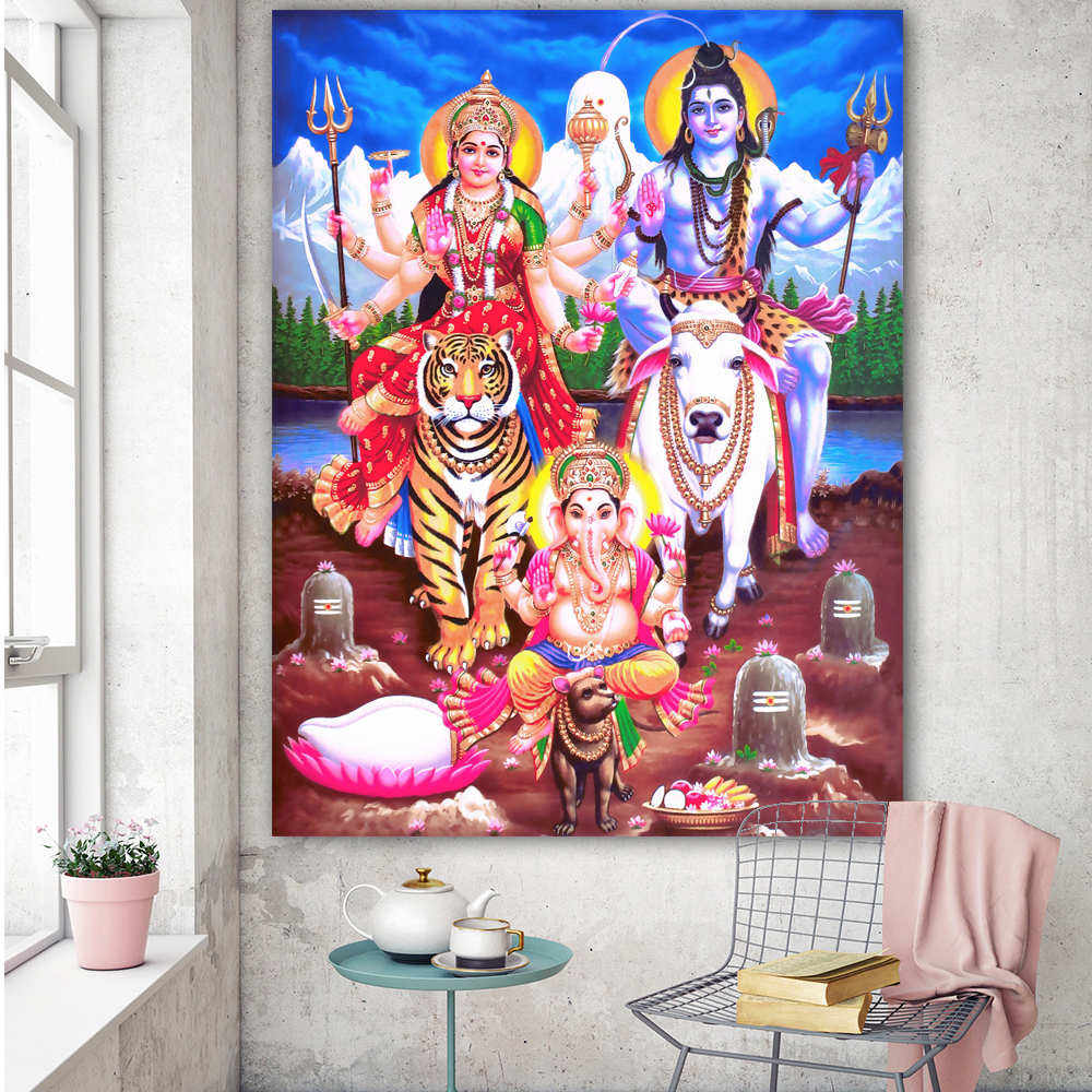 Картины на холсте Shiva Parvati Ganesha, индийское искусство, фигурка индуийского Бога, Настенная картина для дома