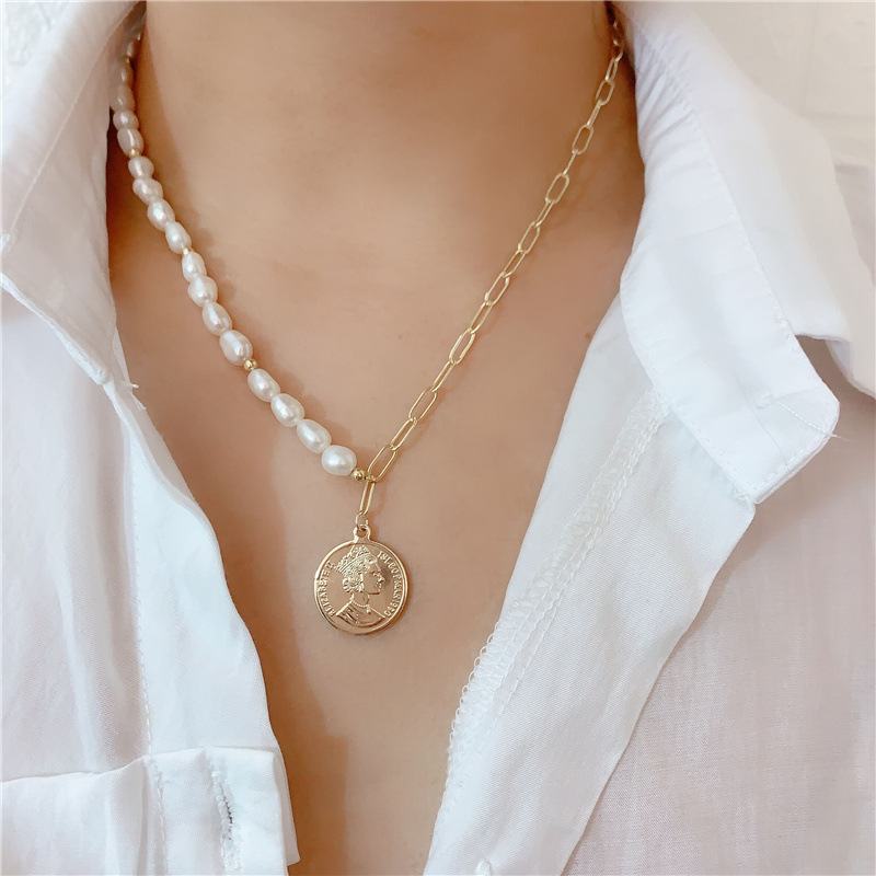 Popular Baroque Pearl Jewelry Stainless Steel Paper Clip Chain Pearl Pendant gold plated Head Coin Necklace