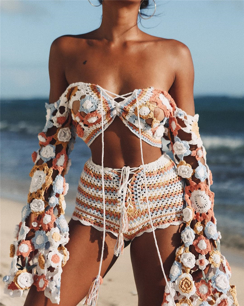 2021 Seaside vacation summer sexy bikini beach blouse suit hand hook hollow-out halter top suit