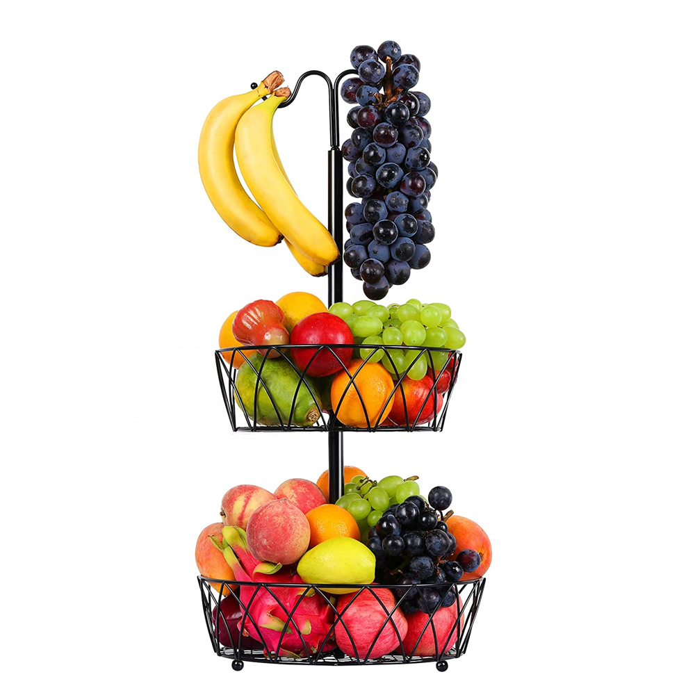 2 Tier Multi-functional Vegetable Fruit Basket Wire Lightweight Metal Organizer Rack Storage Basket with hangers