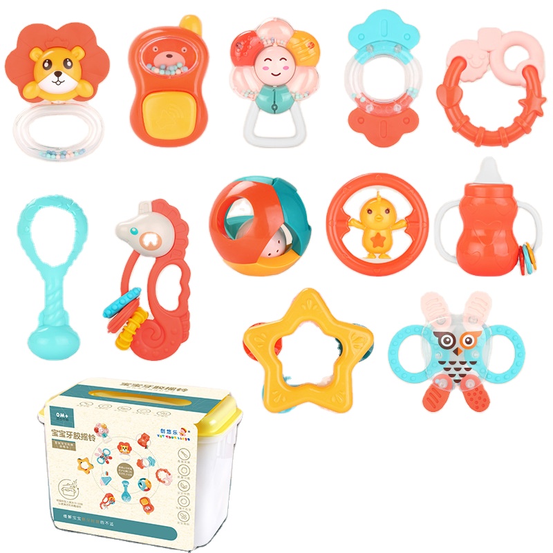 12 kinds of cute different design colorful baby teether ring non-toxic plastic baby rattle teether baby teether set