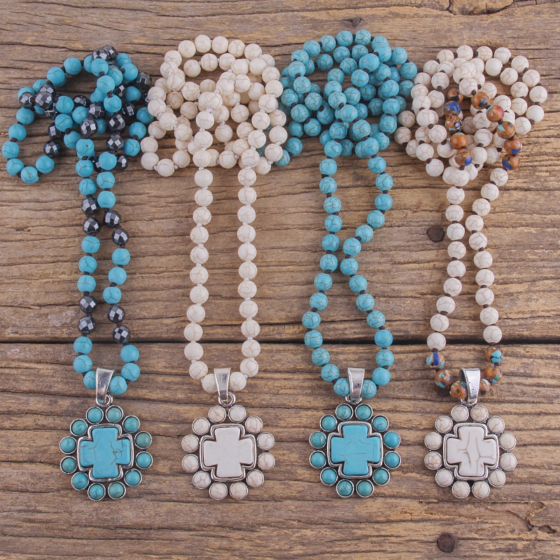 New Fashion Bohemian Jewelry Accessory 8mm Multi Natural Stones Knotted Whie Howlite /Turquoise Blue Cross Necklace