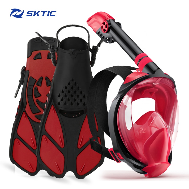 SKTIC Full Face Snorkel Mask Snorkeling Fins Foldable 180 Degree Panoramic View Anti-Fog Anti-Leak Snorkeling Set