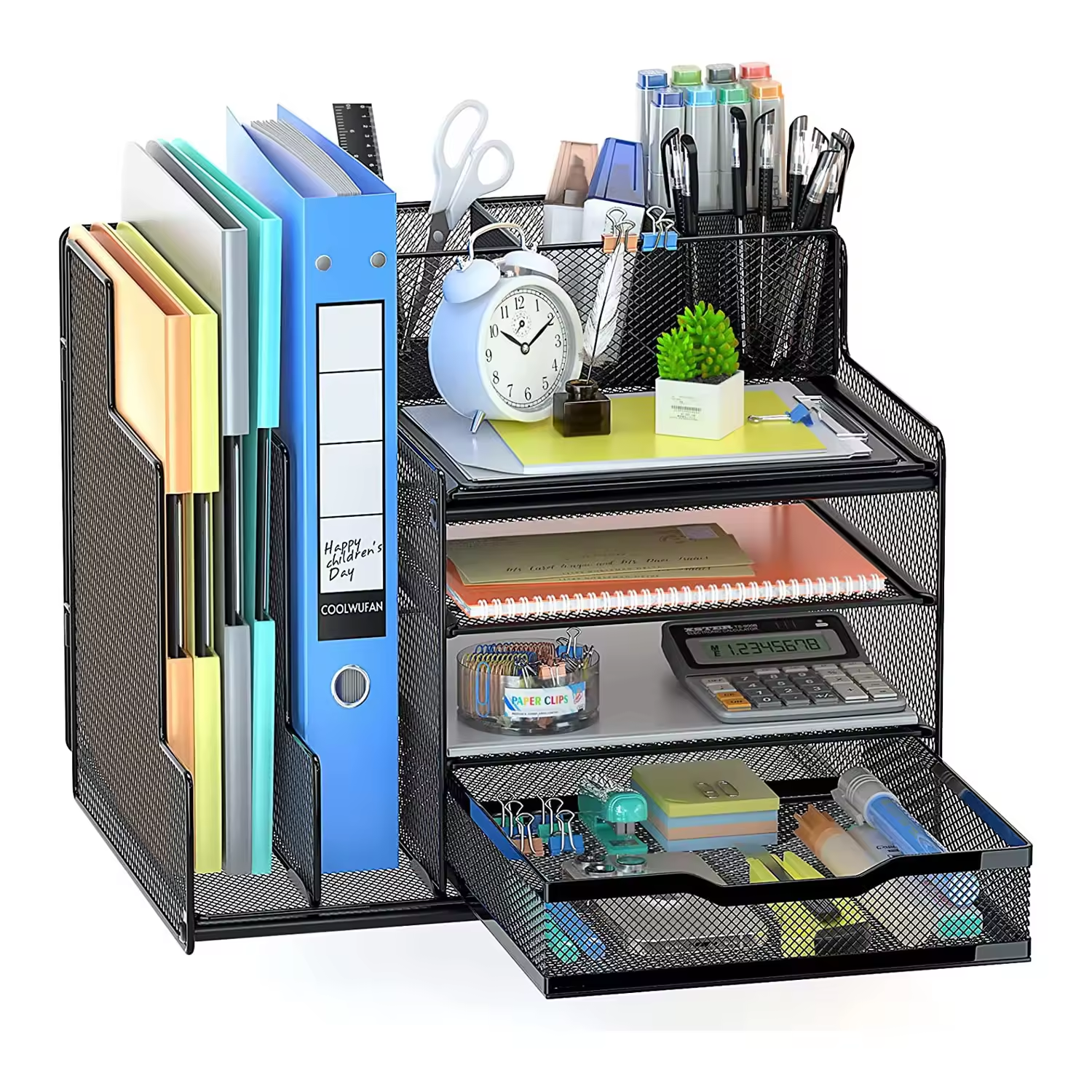 Wholesale Metal Mesh Wire 4-Tier Office Supplies Desk Accessories Organizers with Sliding Drawers Pen Holder File Organizer