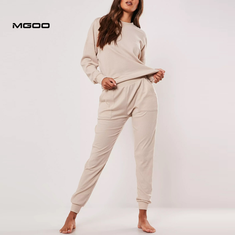 MGOO мягкая на ощупь; Рубчик из хлопка, одежда для отдыха спортивный костюм индивидуальные пустой женские пижамный комплект на зиму, одежда для сна