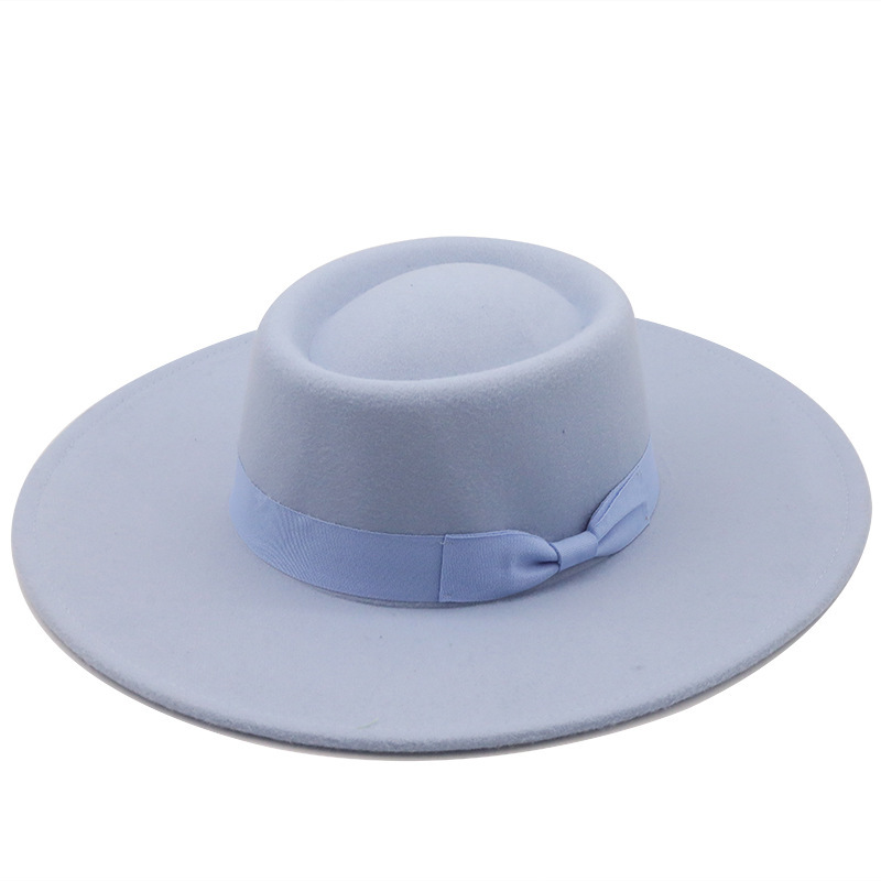 New fedora hats bow autumn winter wool 9.5cm big brim jazz top hat men women concave black top felt hat