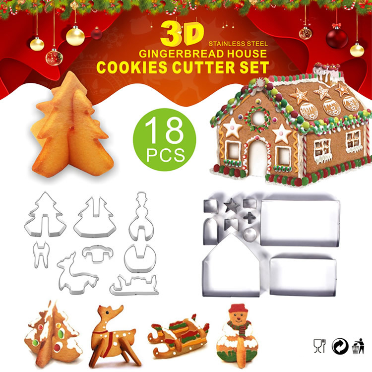 3D Stainless Steel Christmas Gingerbread House Cookie Cutter Set