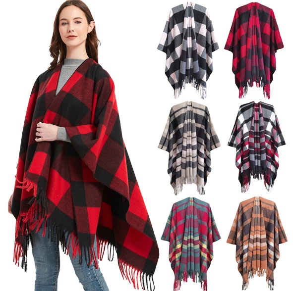 New Arrival Winter Fashion Plaid Christmas Tassel Thick Warm Shawl Scarf Ponchos For Woman