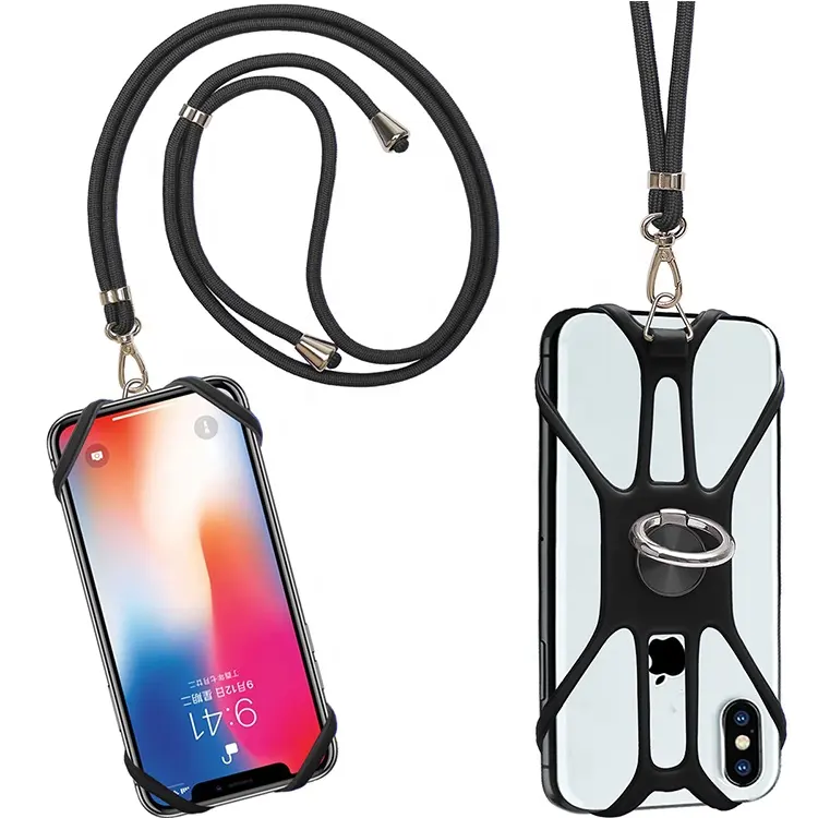 Universal Crossbody Silicone Cell phone case Adjustable Neck Strap Nylon Lanyard Phone Case With Metal Ring Holder