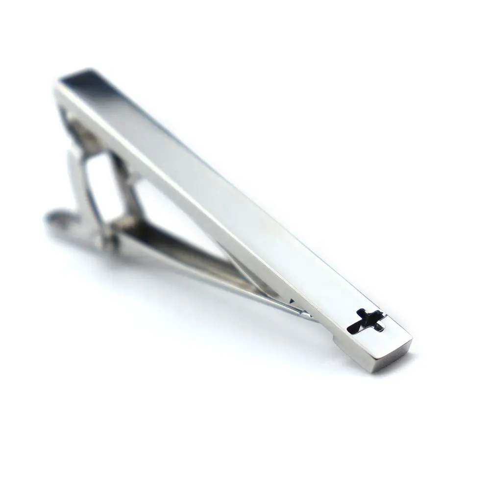 Top Quality Luxury Silver Top Quality Tie Clip Stainless Steel Made Custom Cross Cutout Design Tie Pins for Men