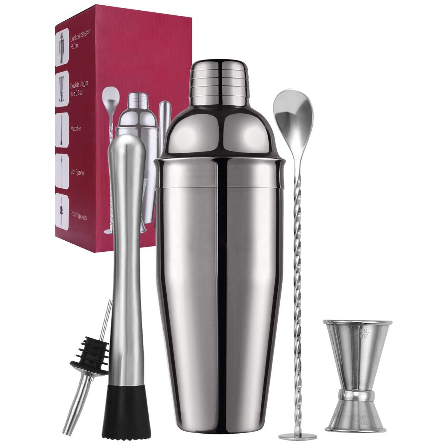 Amazon top seller bar set tool 5pcs cocktail shaker set custom bar accessories stainless steel bartender travel kit