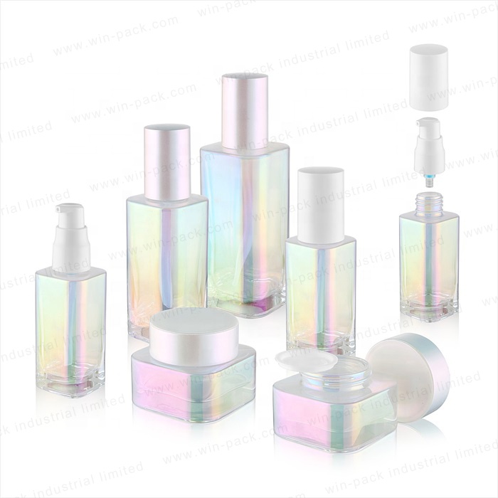 UV electroplated shinny color glass lotion pump bottle empty cosmetic jar for personal care
