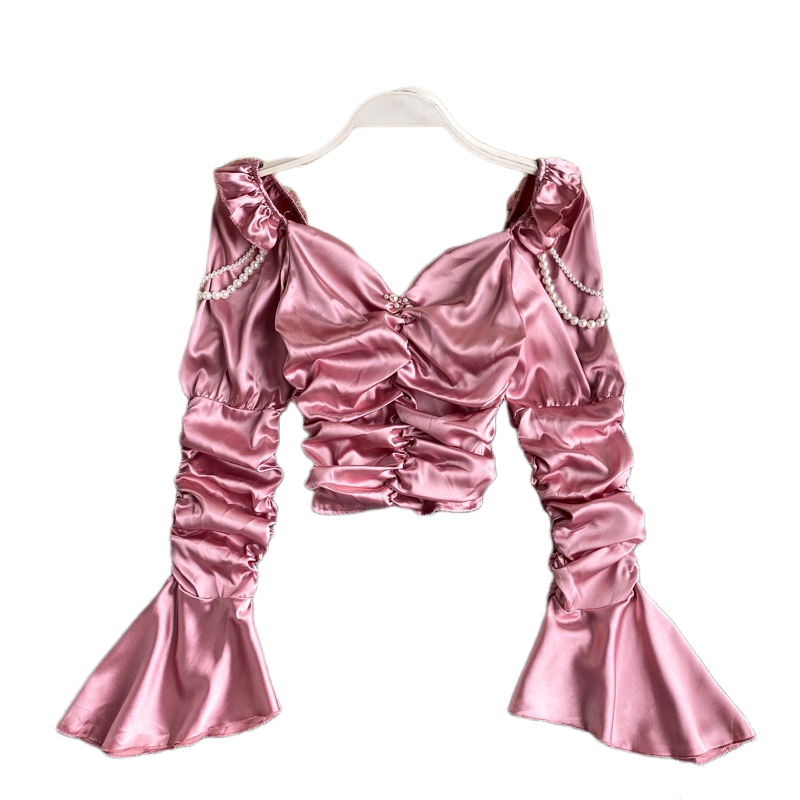 P541 Women New Fashion High Street Pleated Short Sexy Tops Female Square Neck Long Flare Sleeve Pearl Shirt Blouse