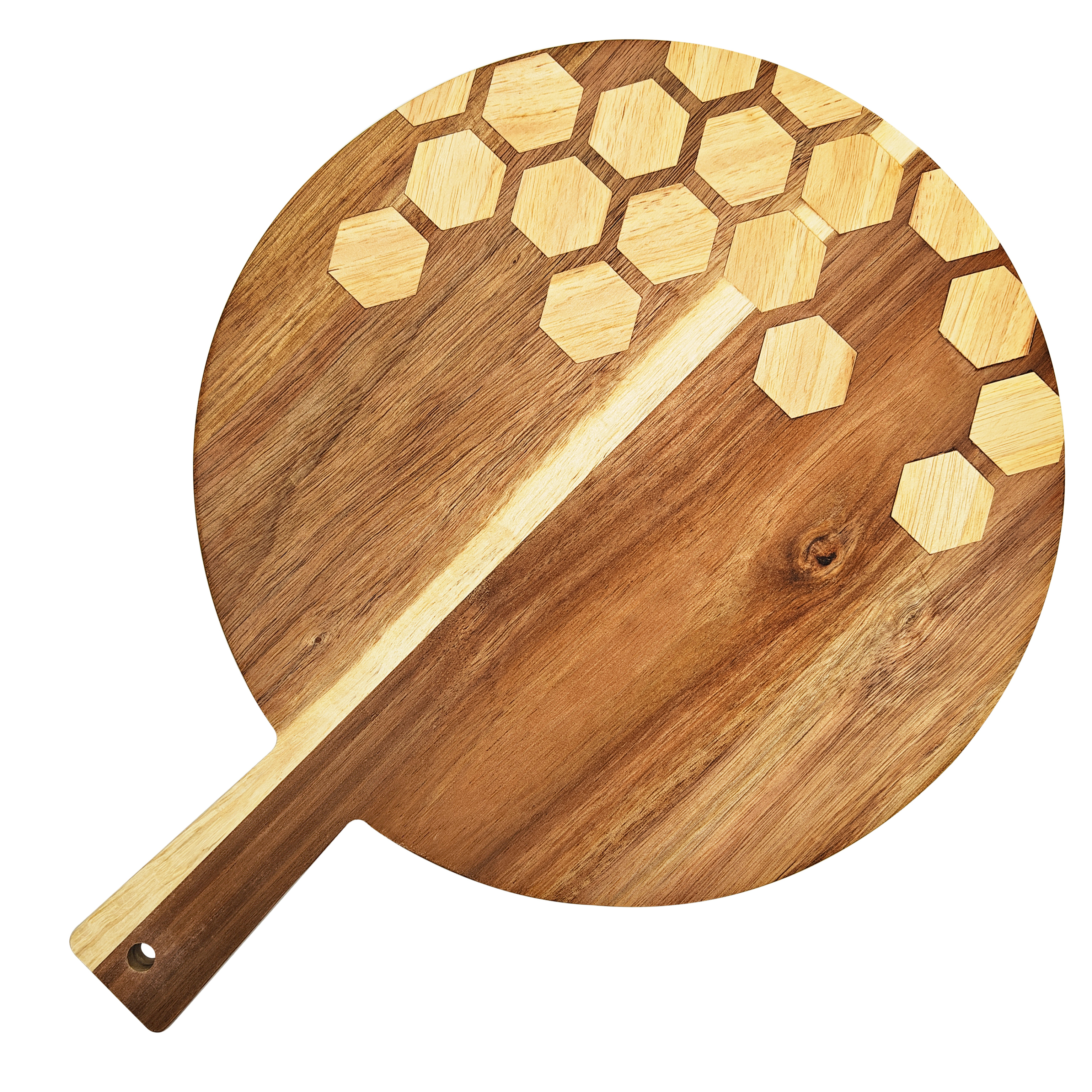 In Stock Kitchen Large Acacia Wood Pizza Peel Natural Acacia Wood Round Charcuterie Board with Handle