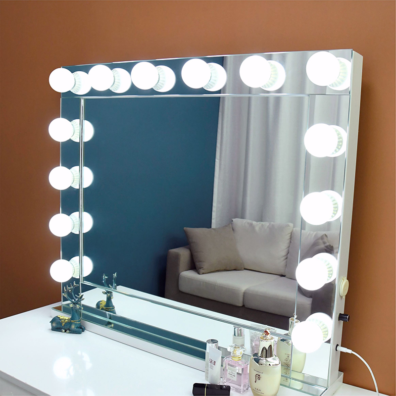 large big white framed dimmable makeup vanity hollywood mirror with bulb lights